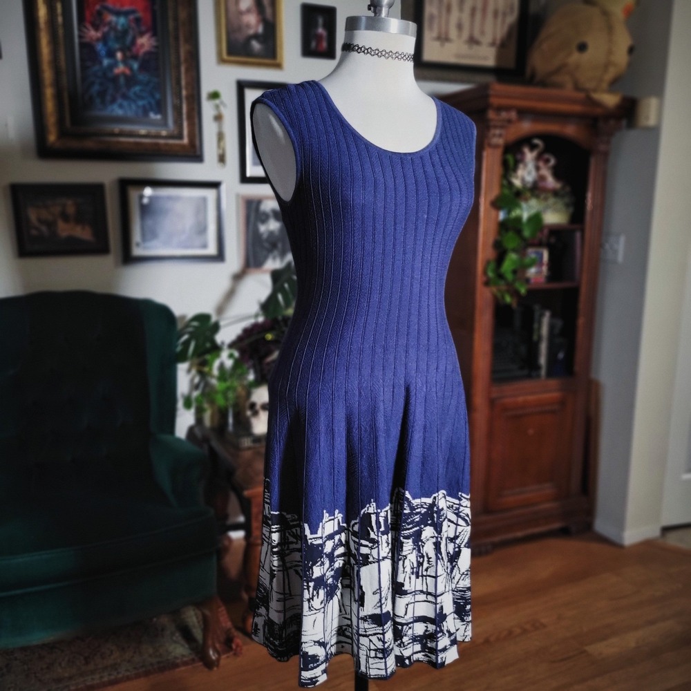 Nic + Zoe Dress Blue Knit Fit Flare Skyline Graphic Print Sleeveless Medium M